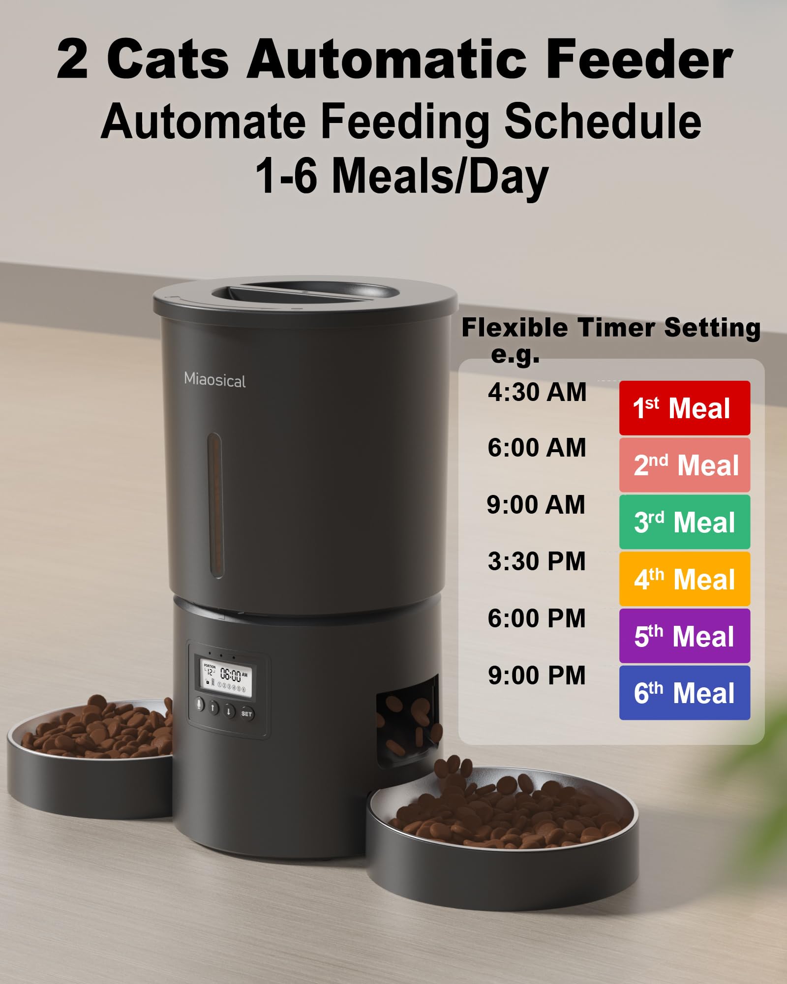 Miaosical dual bowls setup showing split feeding for two cats