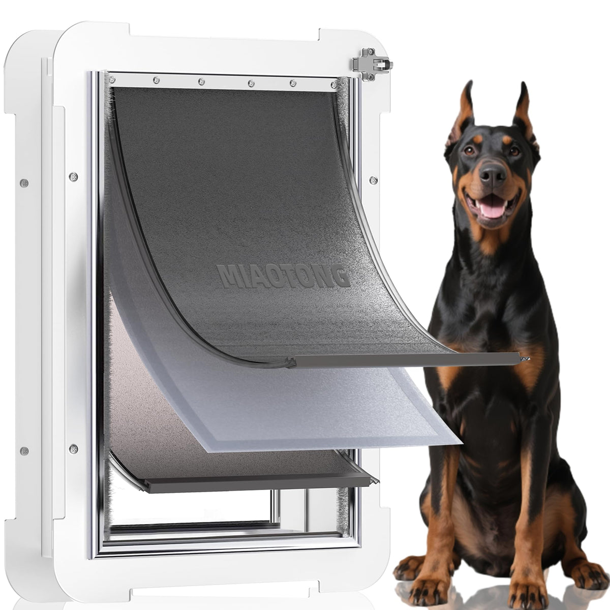 MIAOTONG 3-Flaps Never Rust XL dog door front view showing weather protection