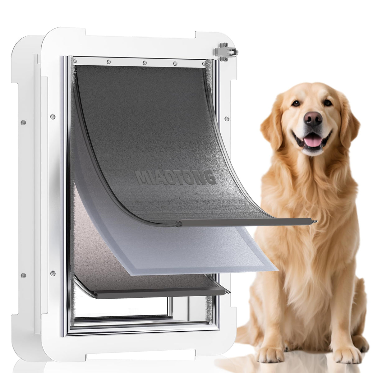 MIAOTONG 3-flap steel dog door exterior view showing easy access and security