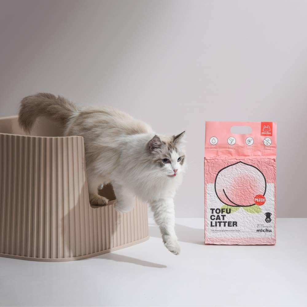 Michu tofu cat litter 2-pack peach variant highlights peach-scented option.