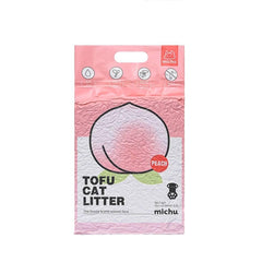 Michu tofu cat litter bag front shows peach-scent variant with fast clumping.
