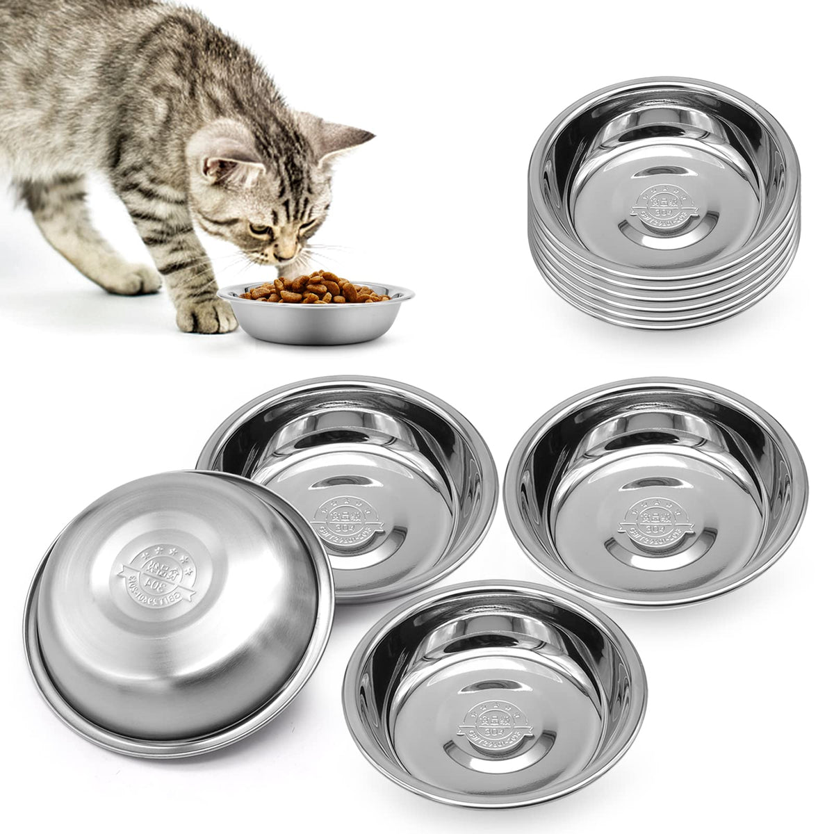 MicoSim stainless steel cat bowl with shallow wide design promotes whisker-friendly eating.