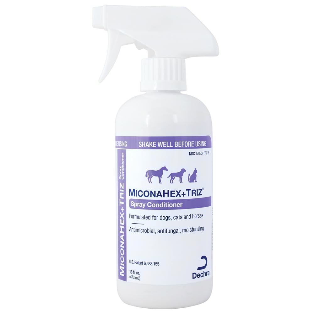 MiconaHex+Triz spray for dogs bottle front showing easy application and skin support.
