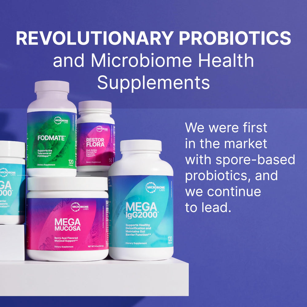 Microbiome Labs Fidospore bottle on counter for convenient daily use.