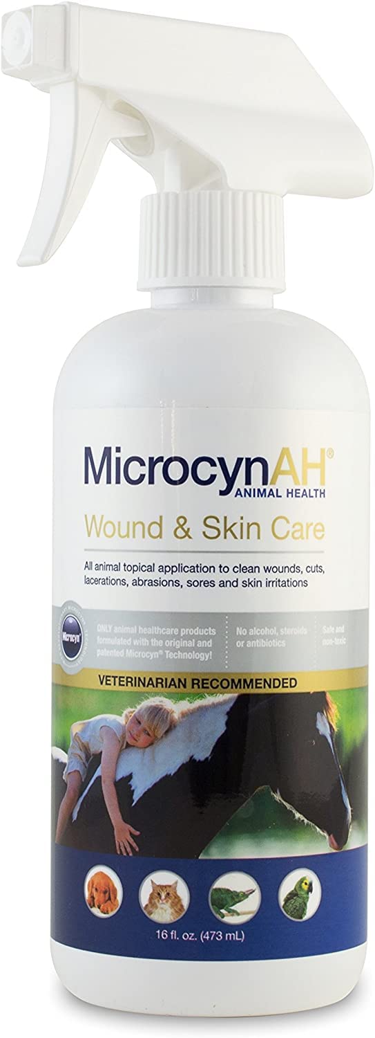 MicrocynAH wound and skin care bottle for gentle, non-irritating wound management on pets.