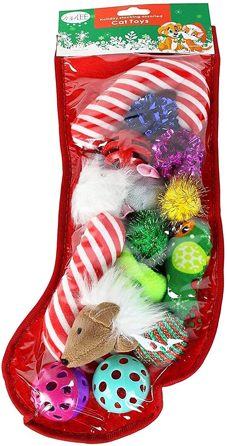 Midlee Christmas stocking cat toy set displays assorted toys for interactive play and exploration