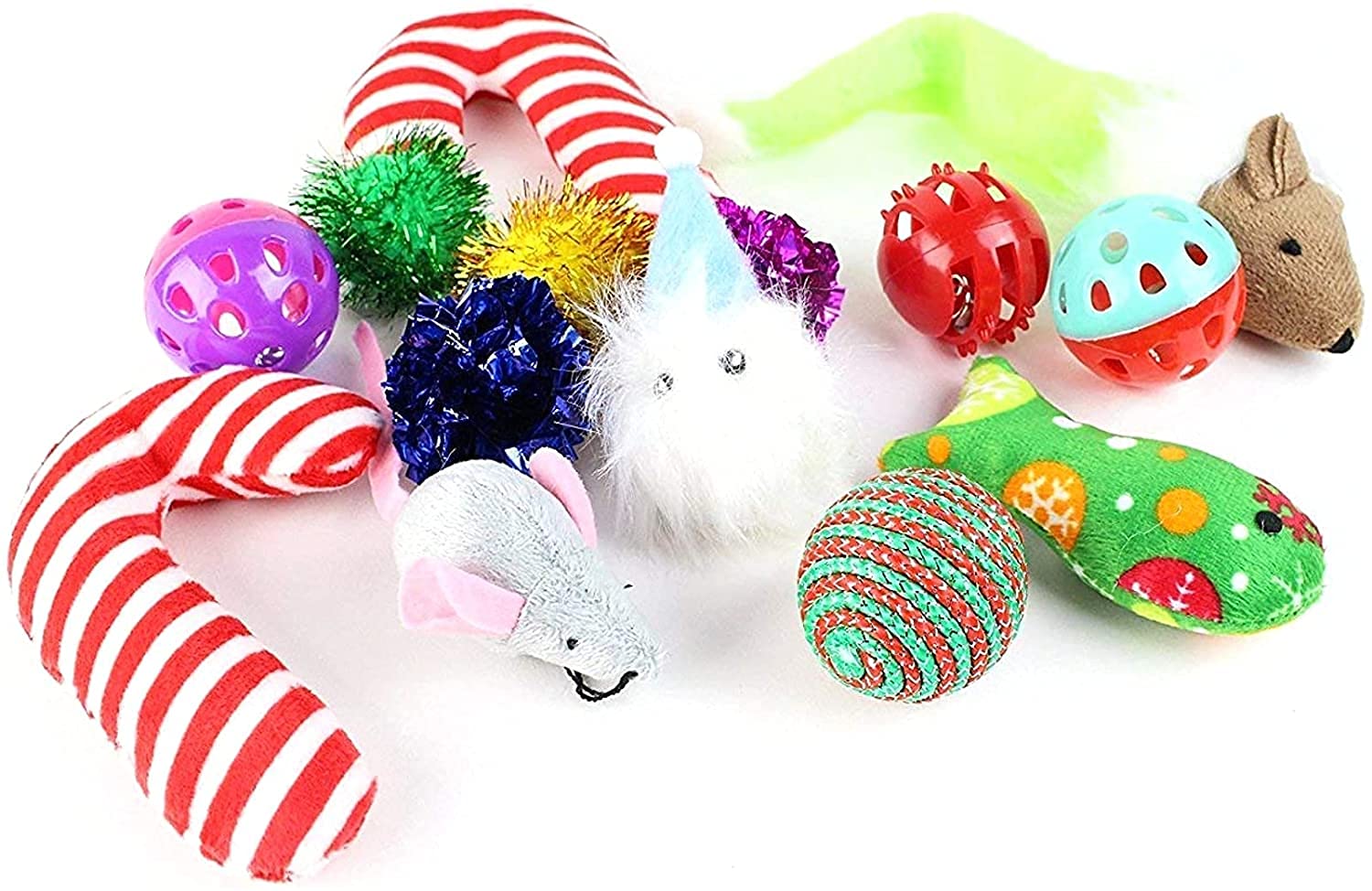 Midlee Christmas stocking cat toy set close-up of bells for stimulating auditory play