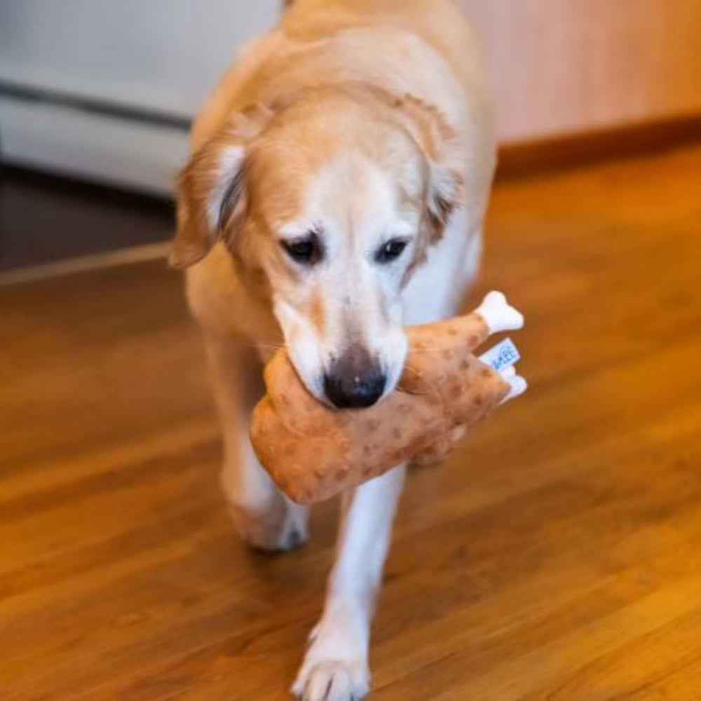 Midlee Roasted Thanksgiving Turkey Plush Dog Toy being carried by a dog during play