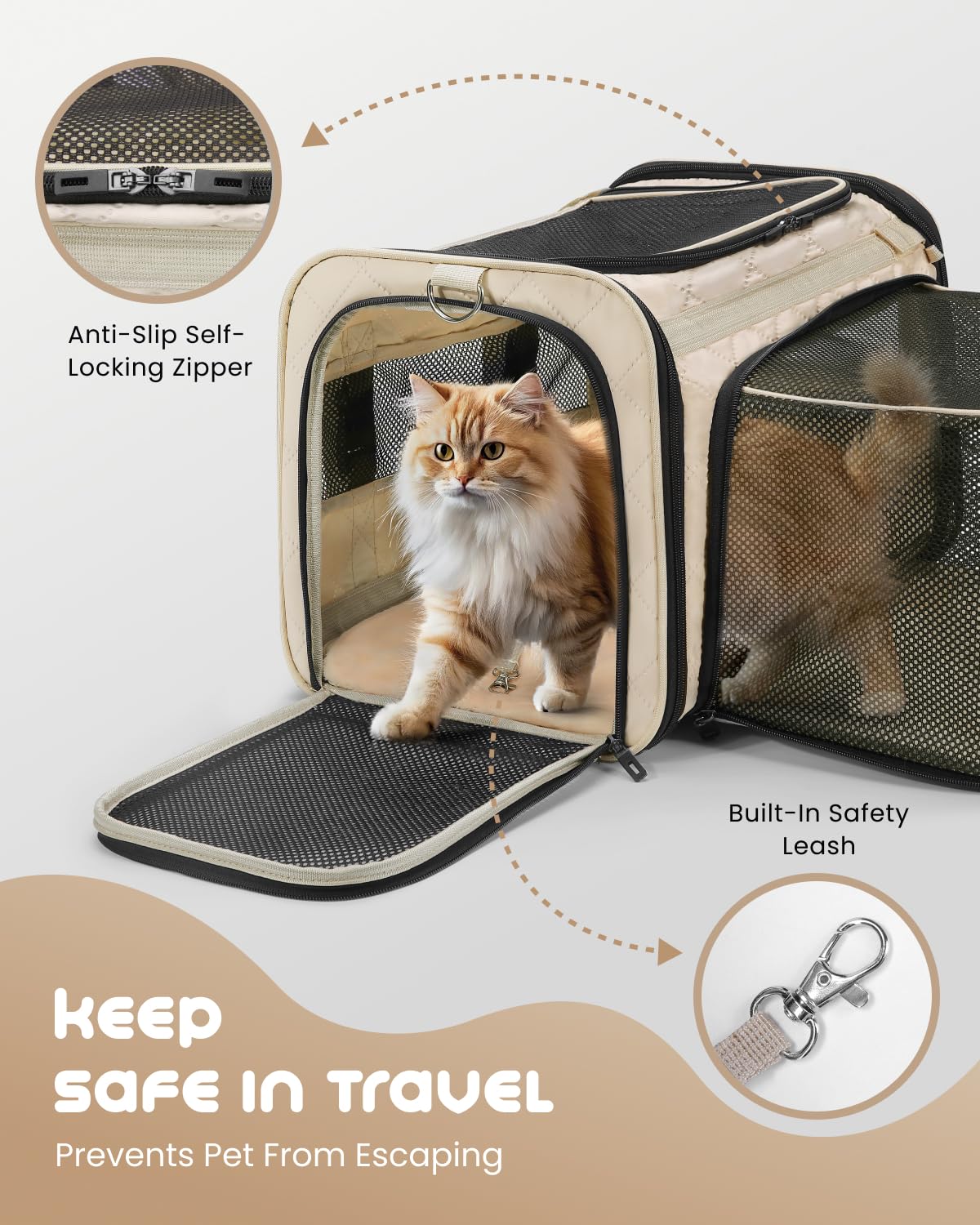 MIDOG cat carrier soft anti-slip zipper and internal leash prevent escapes during travel