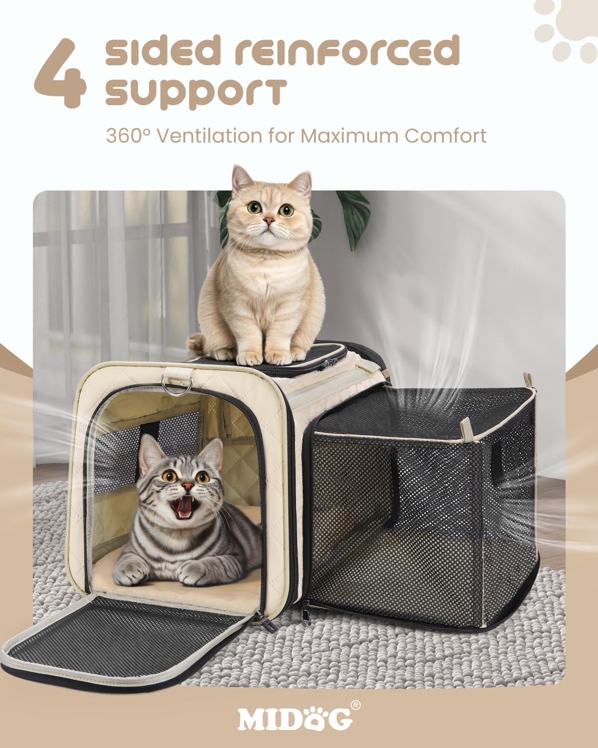 MIDOG cat carrier soft fur-repellent fabric keeps fur away and easy to clean