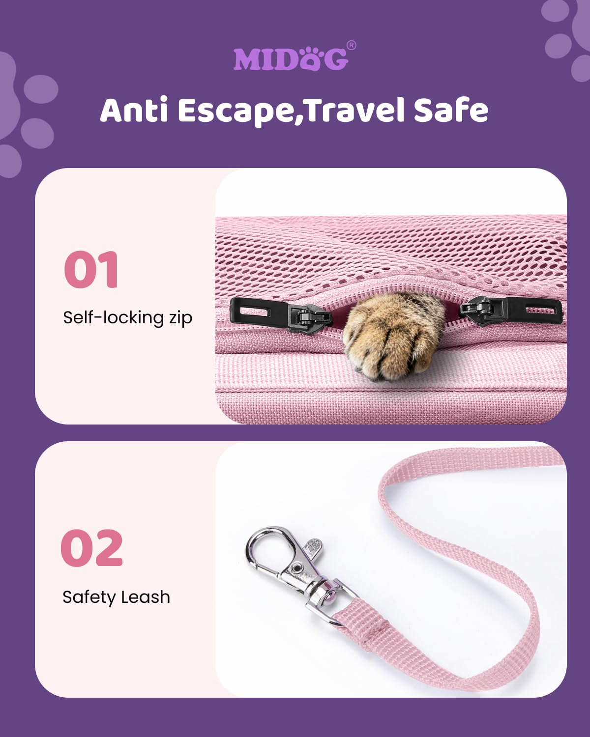 MIDOG cat carrier soft under-seat coral internal safety leash for secure movement