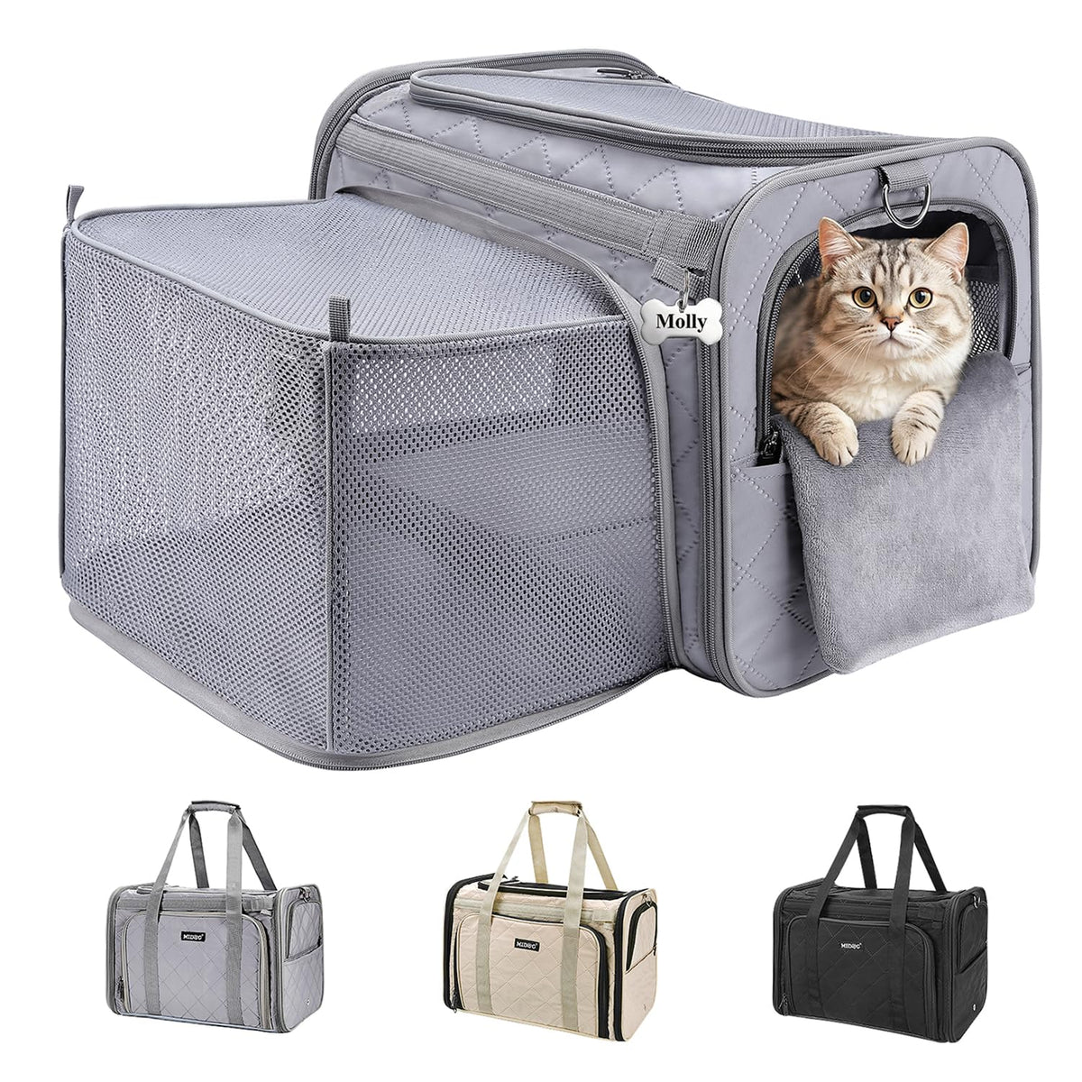 MIDOG cat carrier soft under-seat design fits under airplane seats for easy travel.
