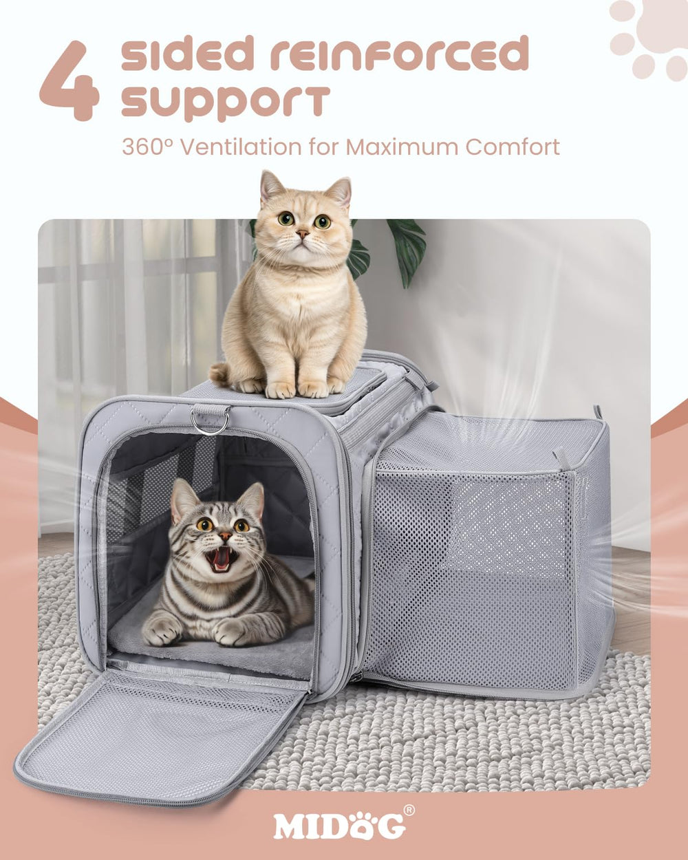 MIDOG cat carrier soft water-resistant fabric resists spills and fur for easy cleaning.