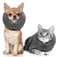 MIDOG inflatable dog cone gray XS front view shows soft donut collar protecting post-surgery wounds