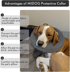 MIDOG inflatable dog cone gray XS side view worn to keep dogs comfortable and safe around healing wounds