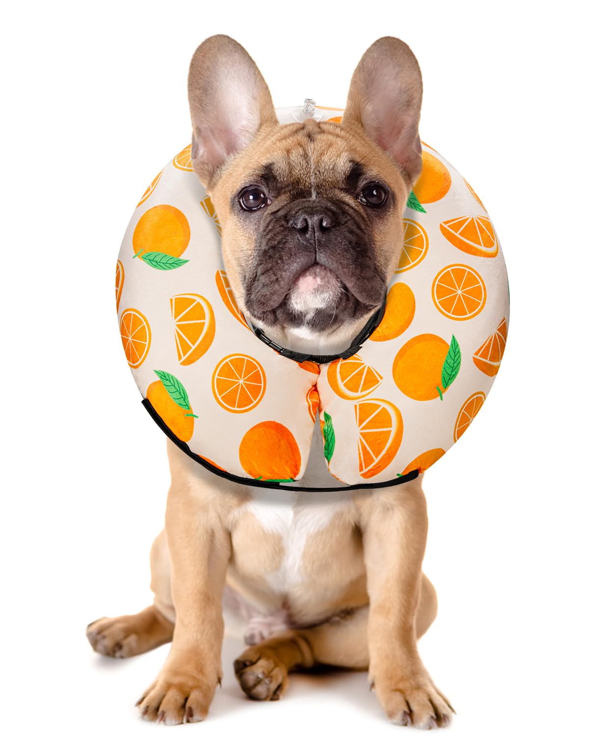 MIDOG inflatable donut collar orange closeup highlights soft fabric for gentle post-surgery comfort.