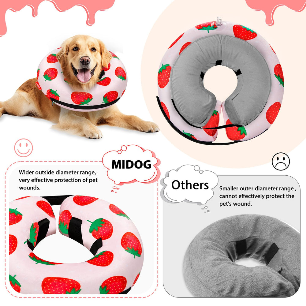 MIDOG inflatable donut cone strawberry-xl eat-drink-access shows unobstructed nourishment during recovery