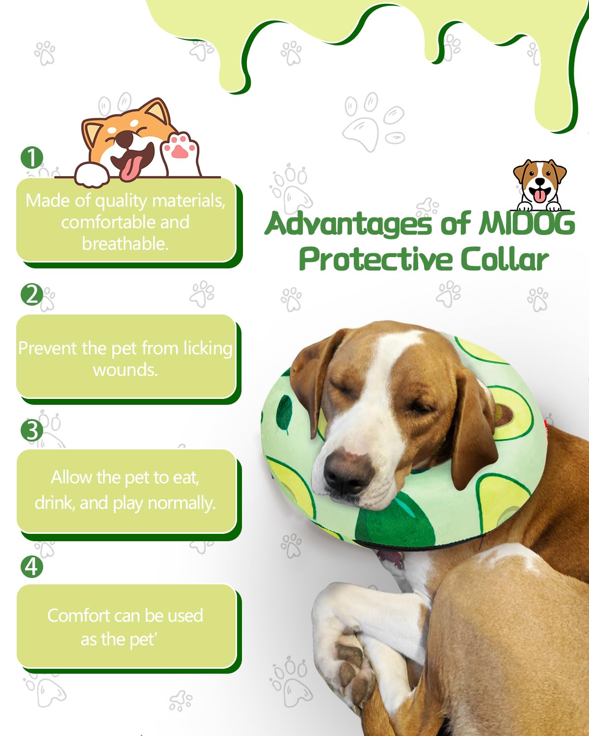 MIDOG soft-breathable donut collar on a calm dog during recovery