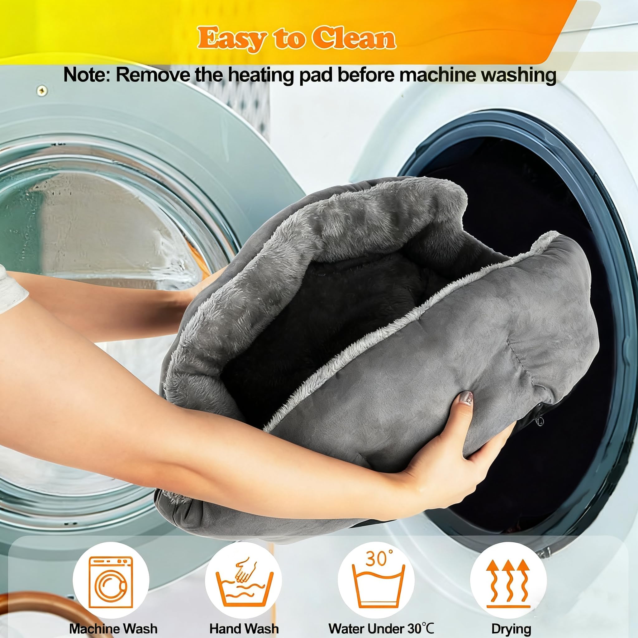 Midollarle heated cat bed shows washable cover and detachable components.