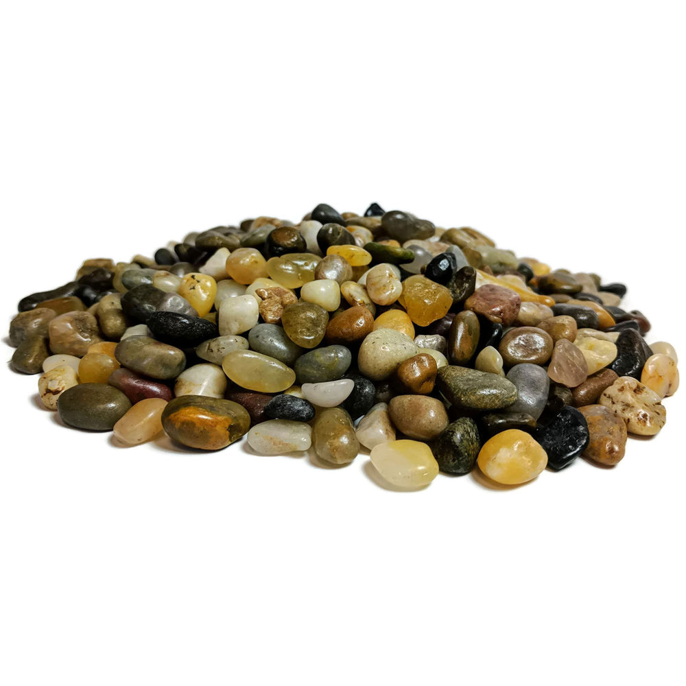 Midwest Hearth 3/8-inch pebbles in a potted plant tray, easy maintenance and eco-friendly décor.