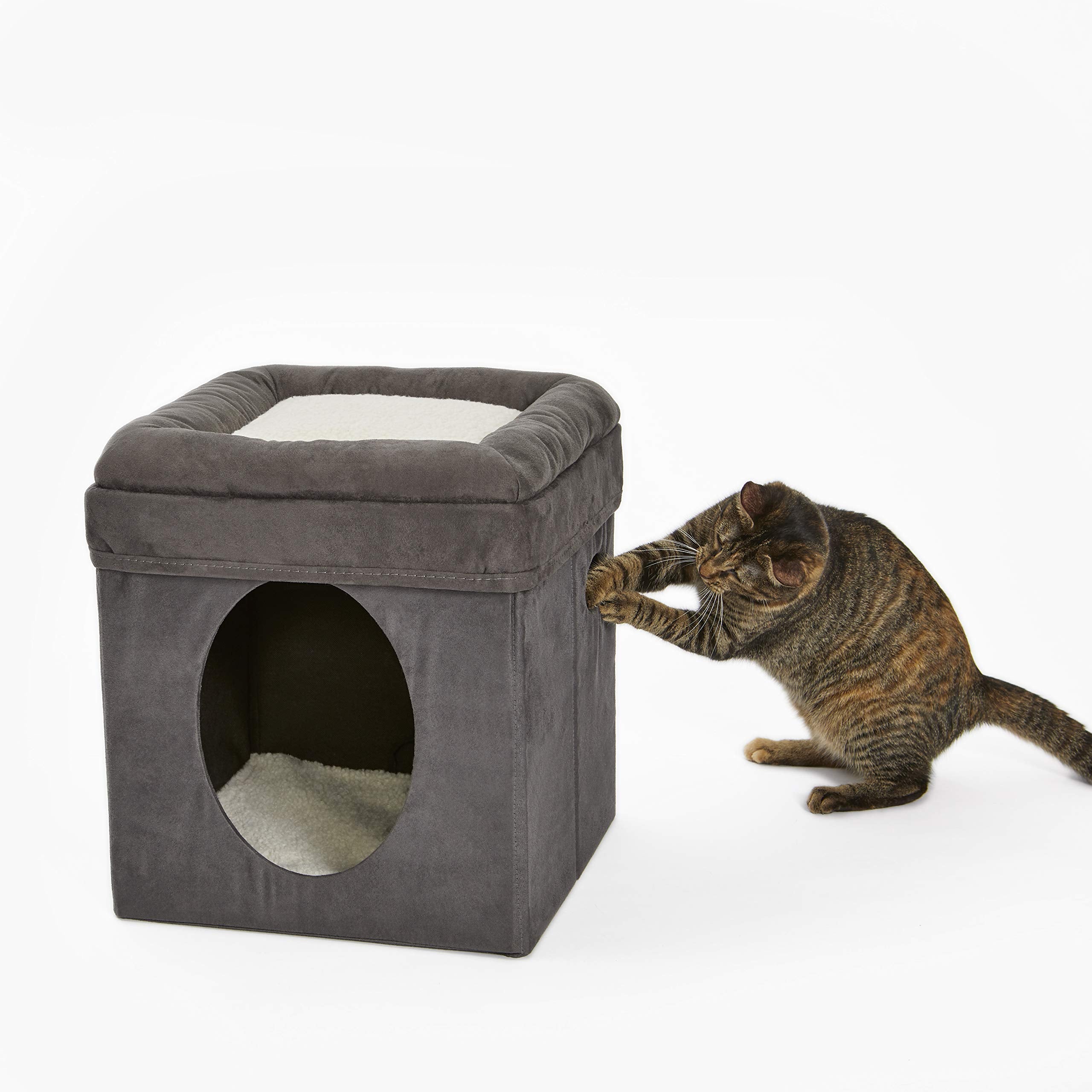 MidWest Homes for Pets cat cube den interior with faux fur bedding for warm, cozy nap space