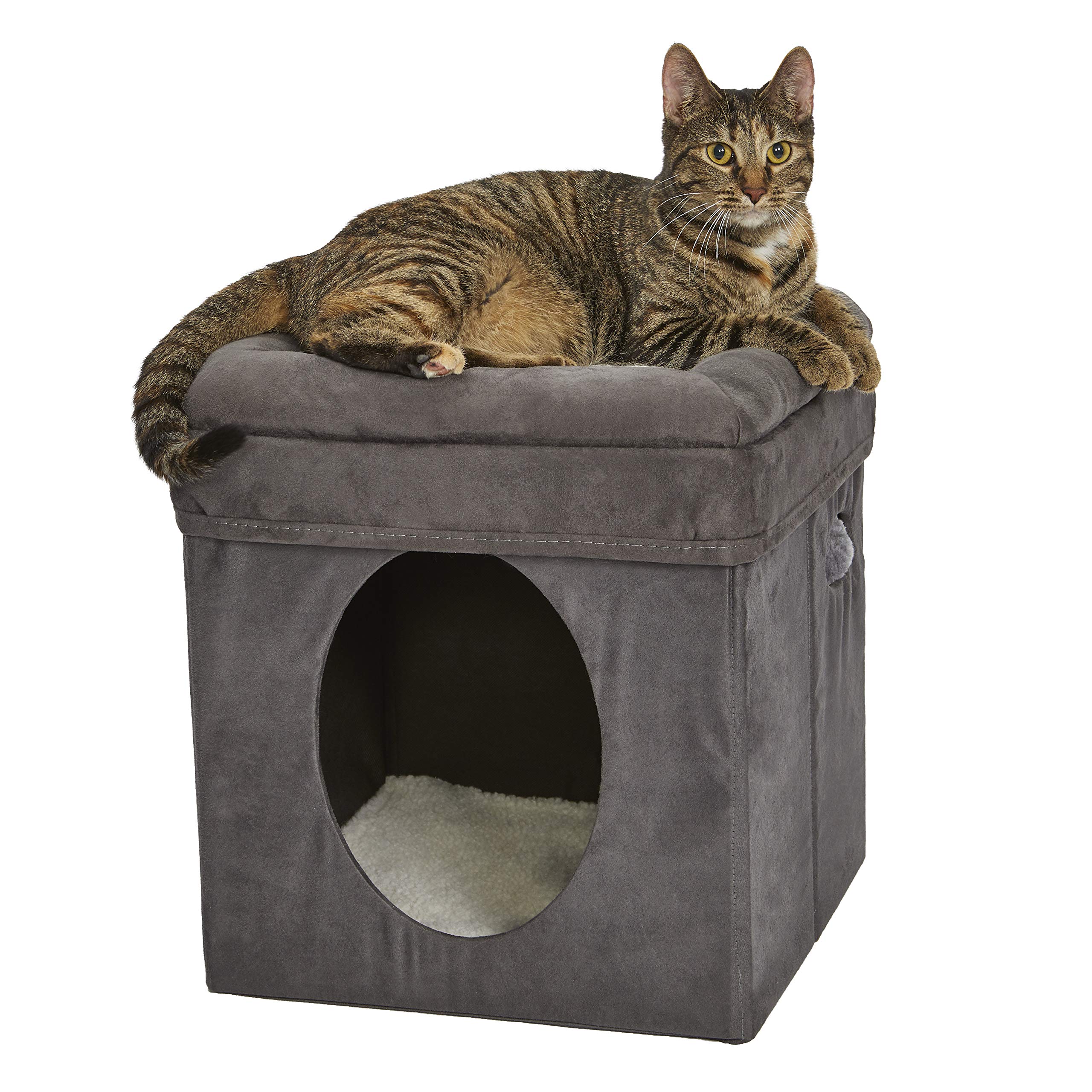 MidWest Homes for Pets cat cube exterior in gray faux suede for stylish, compact pet hideaway