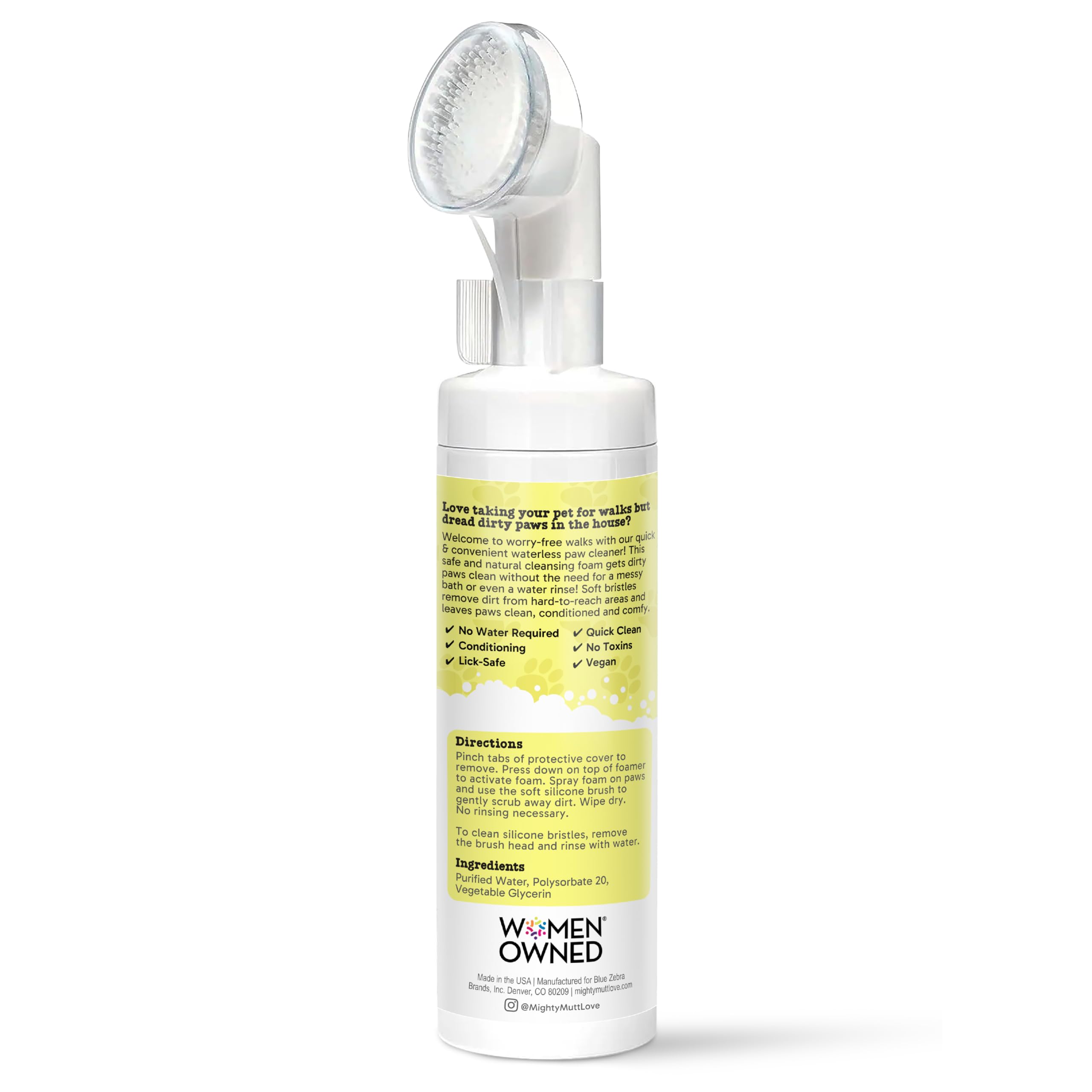 Mighty Mutt foaming cleanser application showing easy no-rinse cleaning for muddy paws