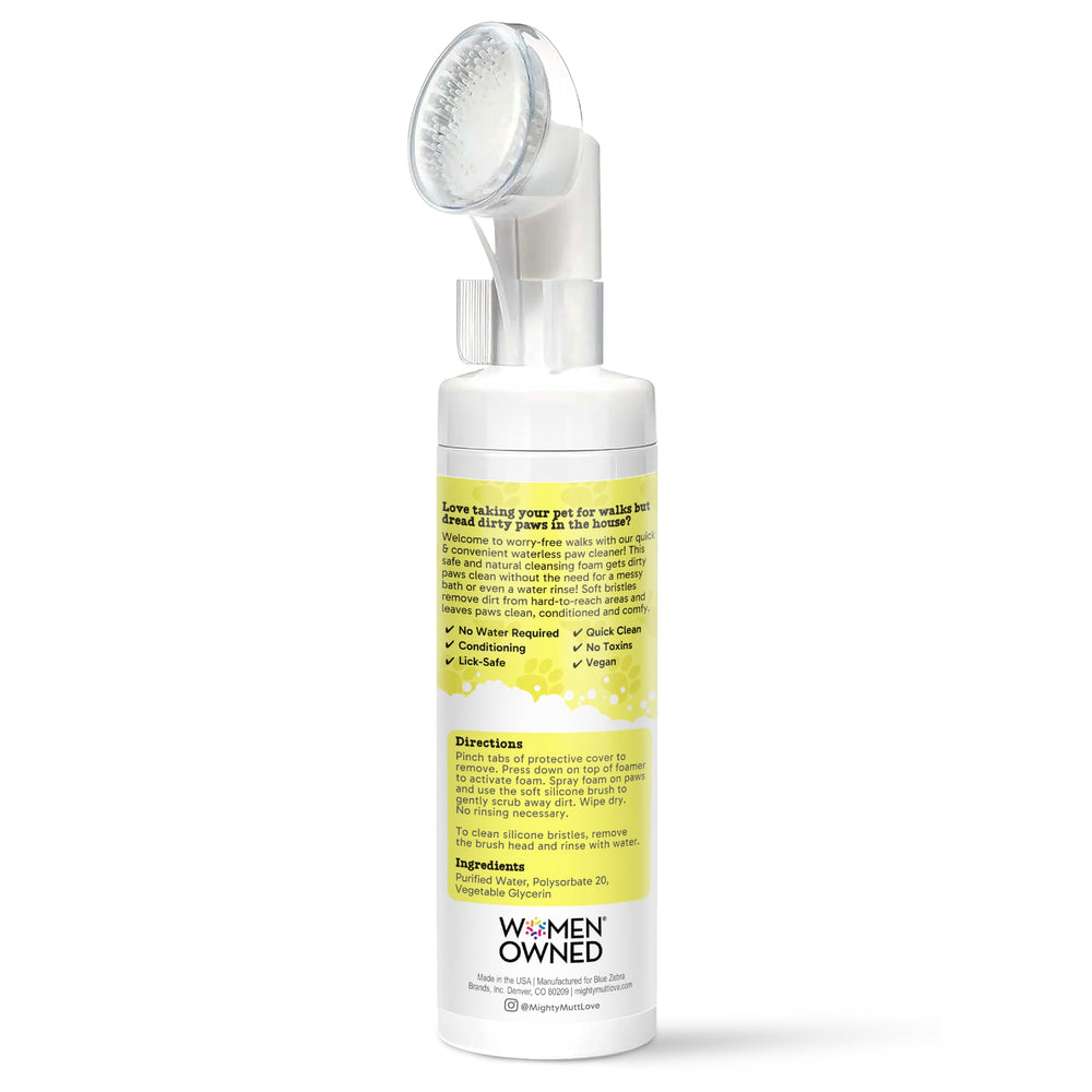 Mighty Mutt foaming cleanser application showing easy no-rinse cleaning for muddy paws