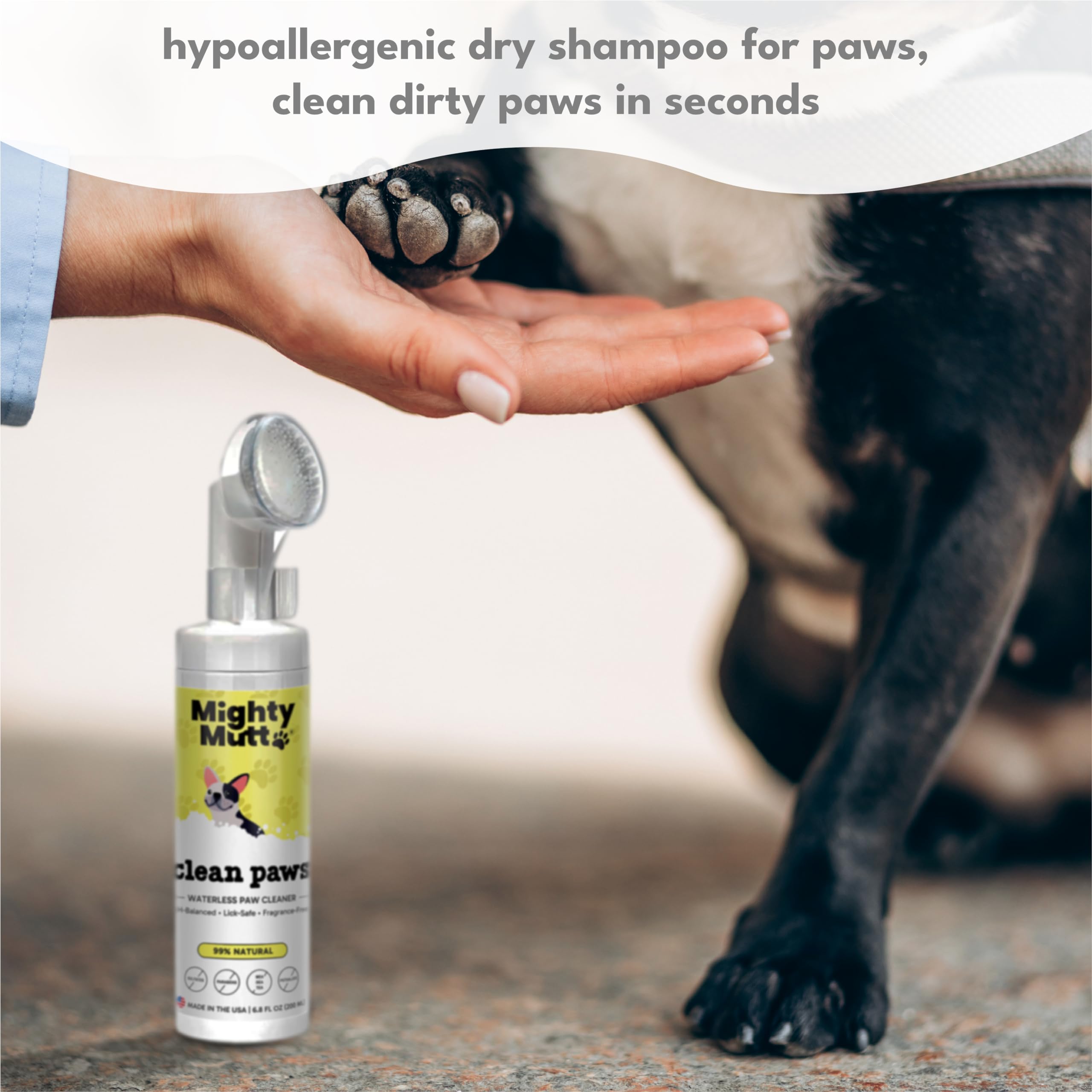 Mighty Mutt hypoallergenic paw cleanser closeup signaling safe, gentle care for sensitive paws