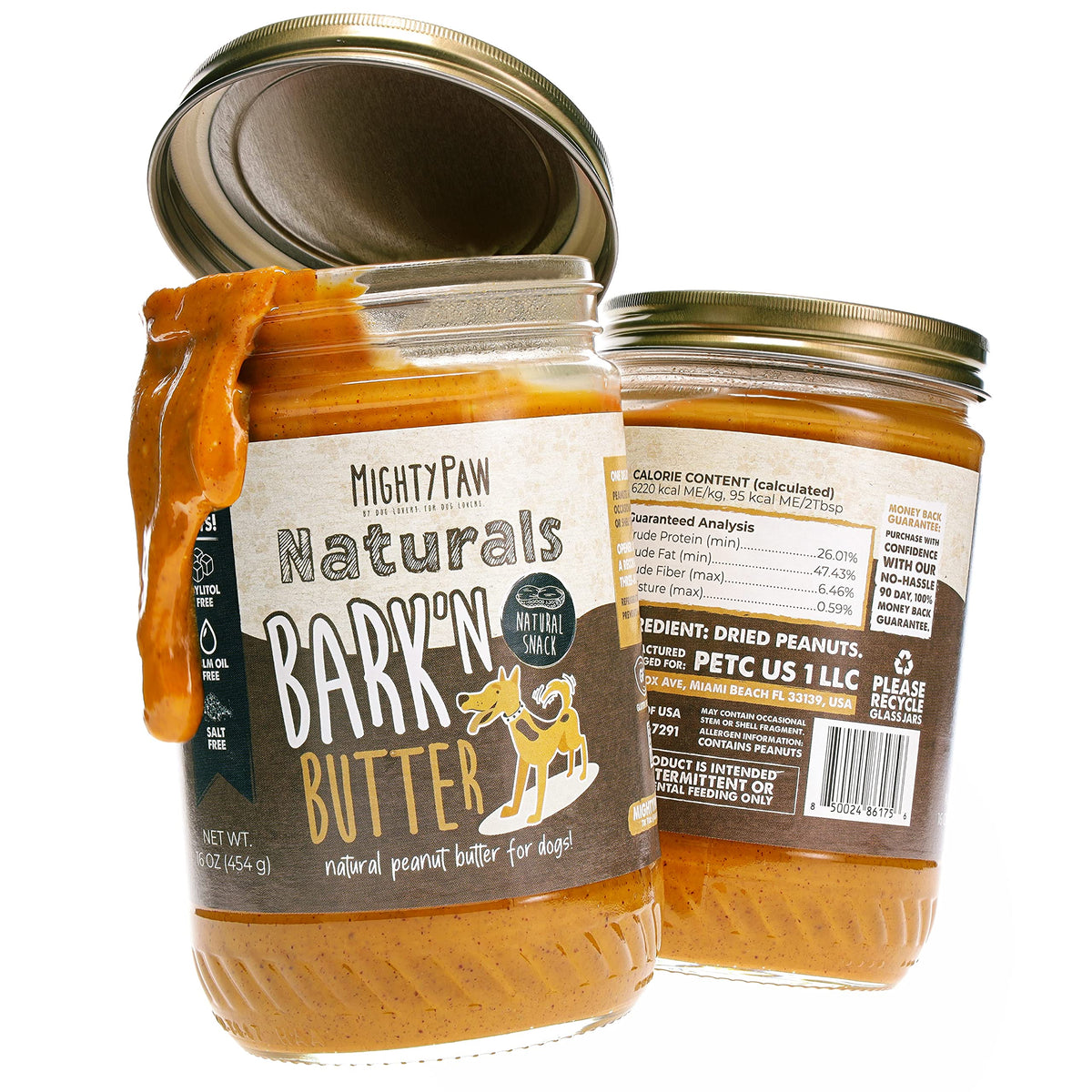Mighty Paw Barkn Butter jar closeup showing peanut-only ingredients for easy snacking.