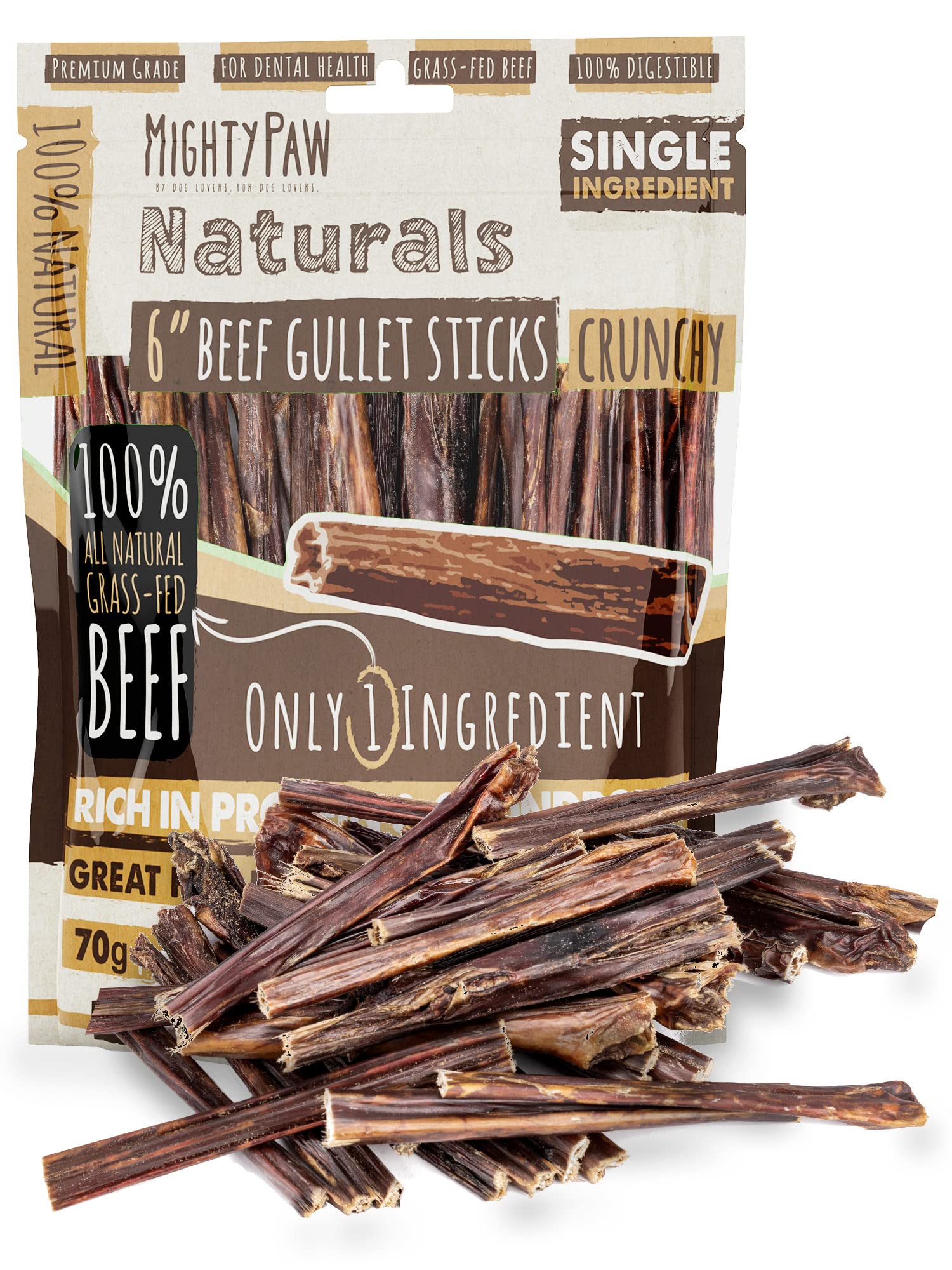 Mighty Paw beef gullet sticks 6in 30-pack product shot for long-lasting chew sessions.