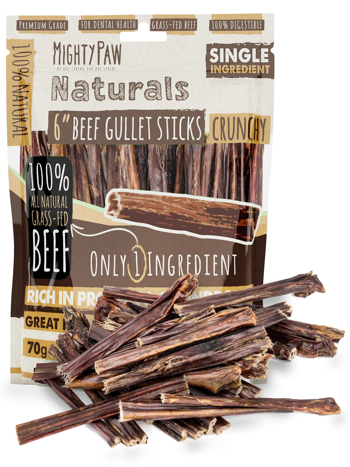 Mighty Paw beef gullet sticks 6in 30-pack product shot for long-lasting chew sessions.
