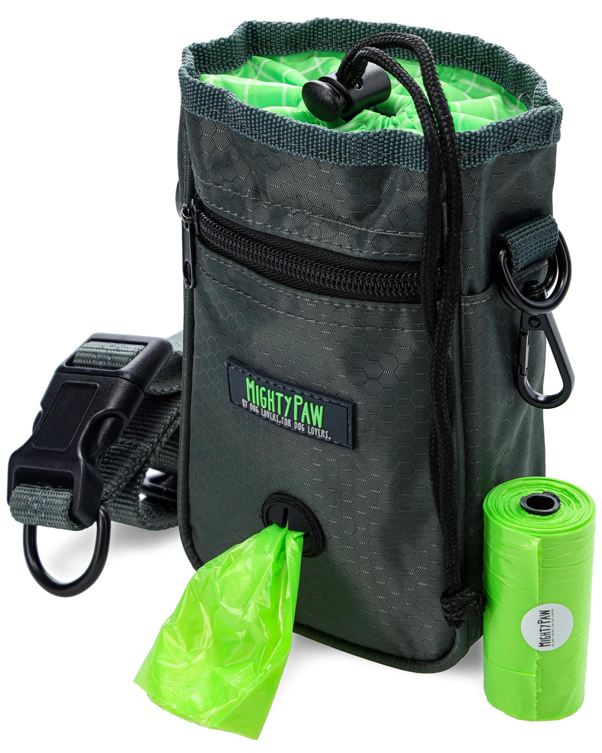 Mighty Paw dog treat bag drawstring closure shows hands-free carry during runs