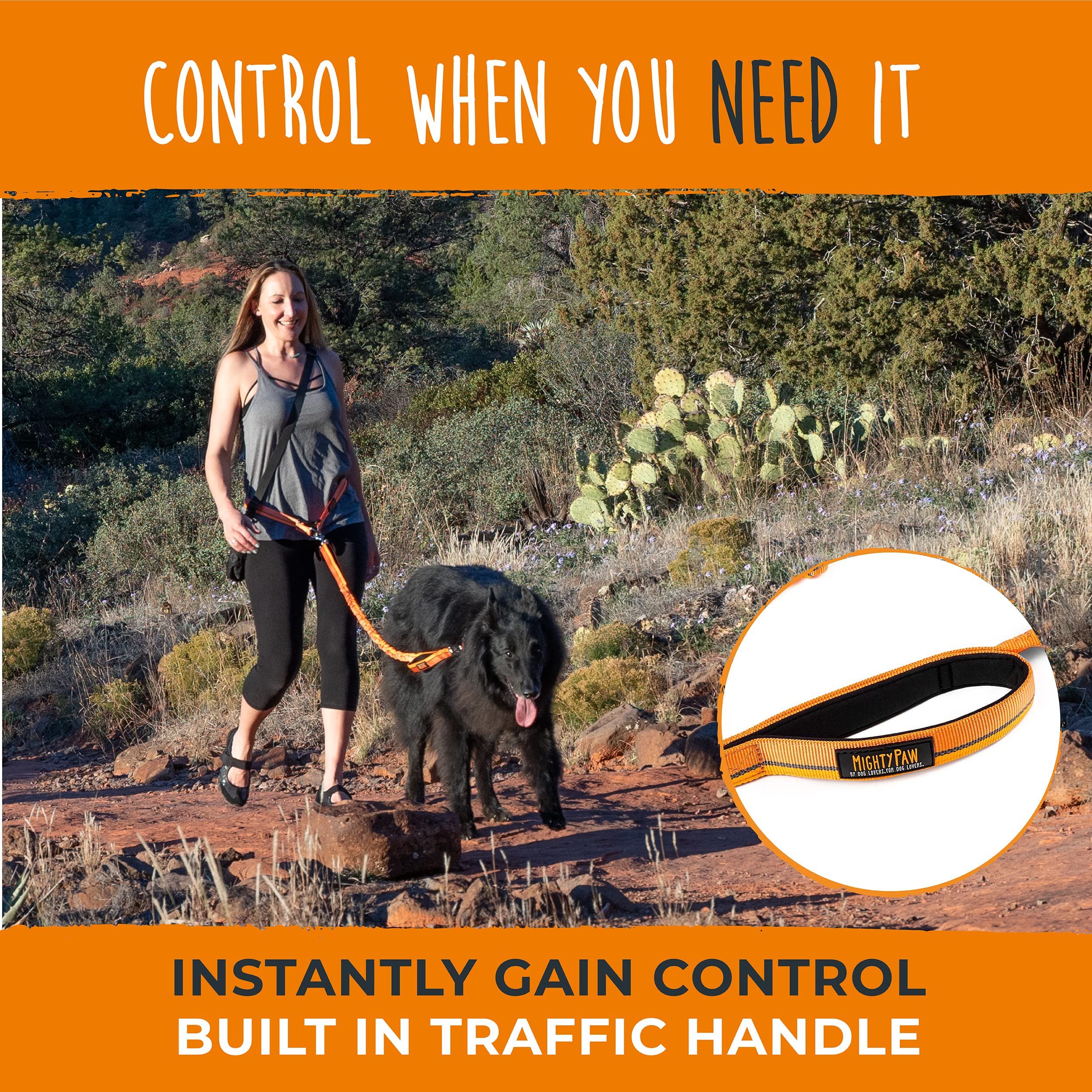 Mighty Paw dog-walking urban scene highlighting hands-free setup