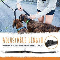 Mighty Paw double dog leash length adjustment shown for a customized fit.