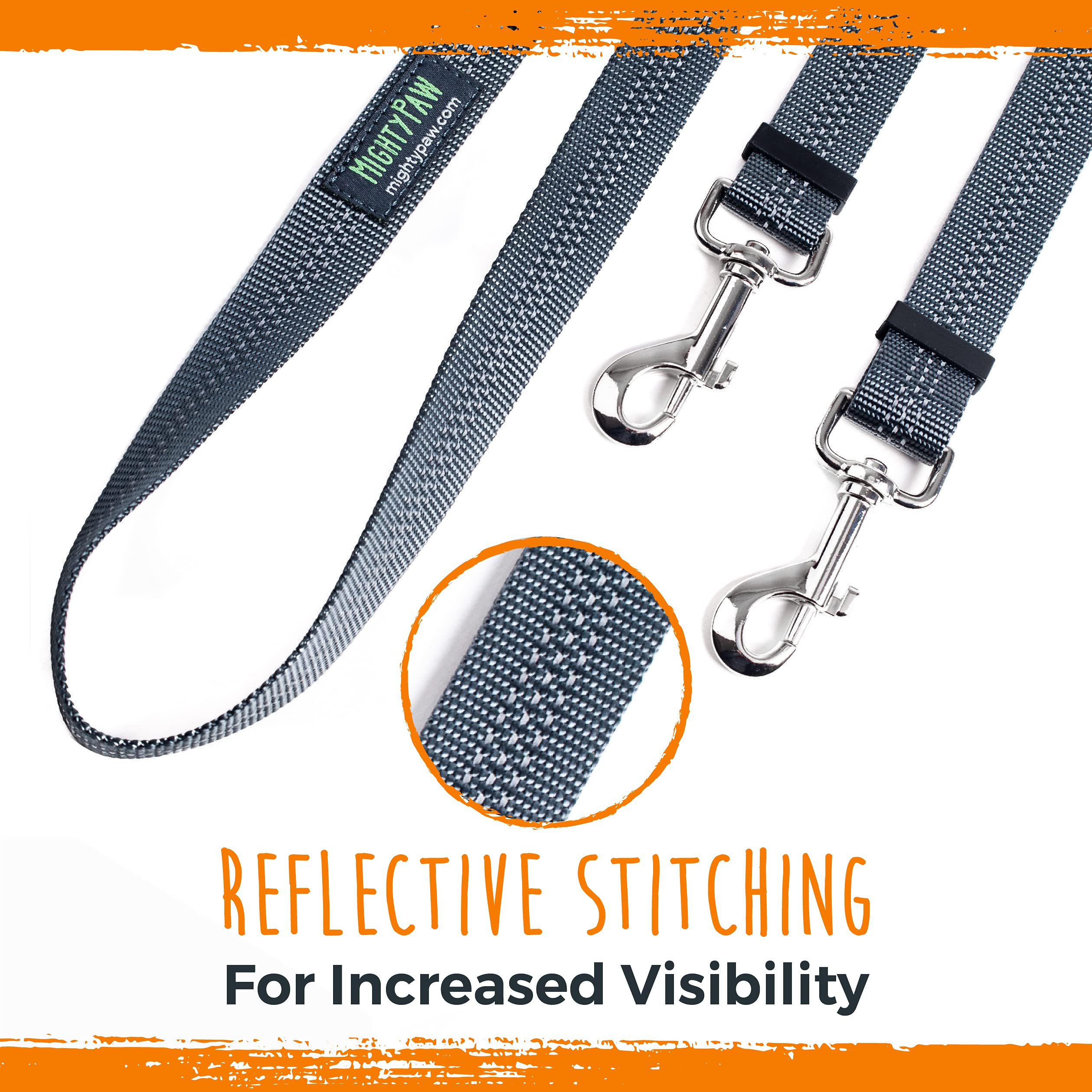 Mighty Paw double dog leash split leash attachment enables two-dog control.