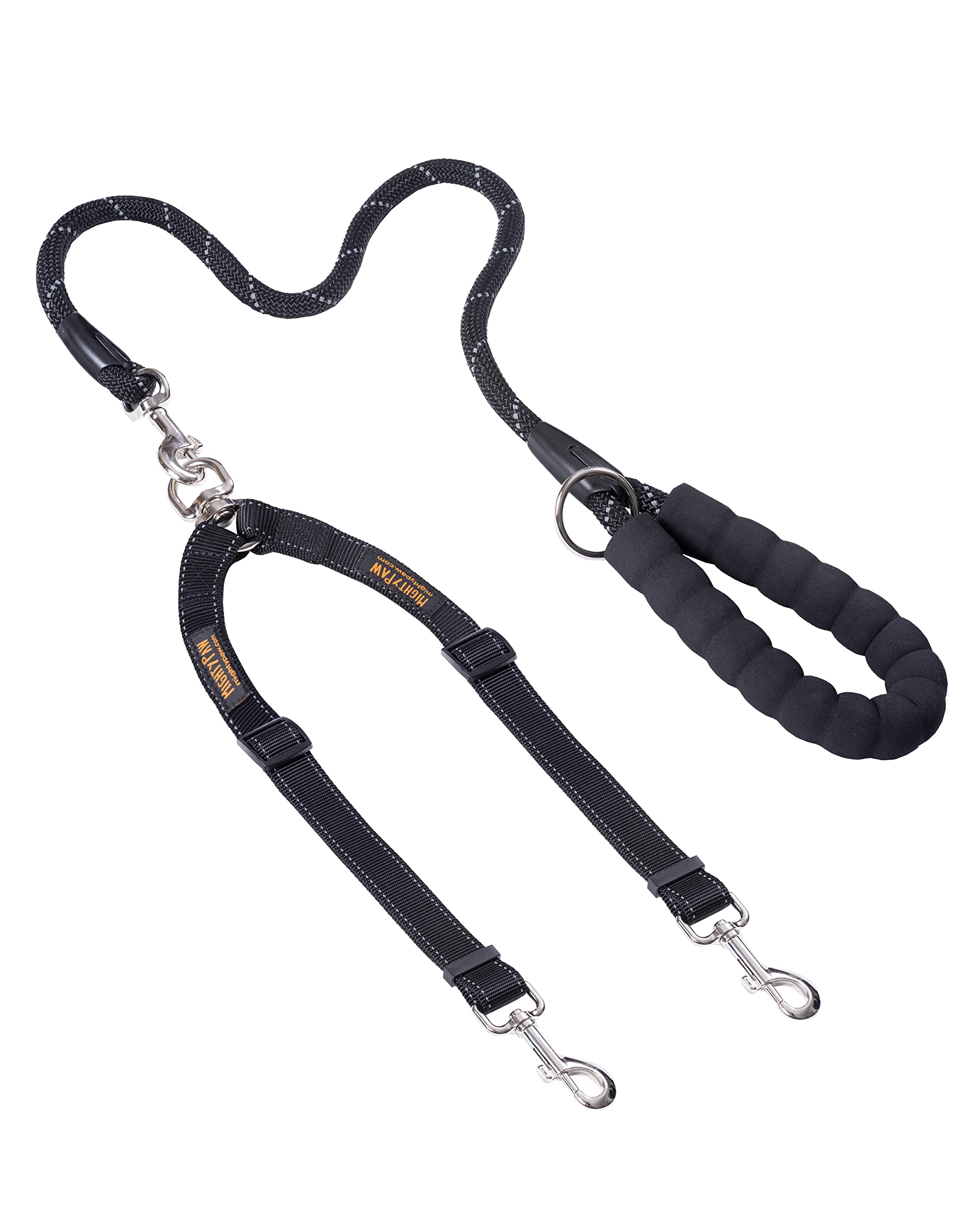 Mighty Paw double dog leash showcases the tangle-free swivel during a two-dog walk.
