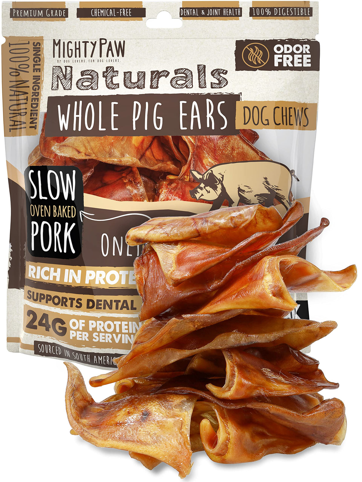 Mighty Paw Full Pig Ears Pack Hero — natural protein snack for dogs.