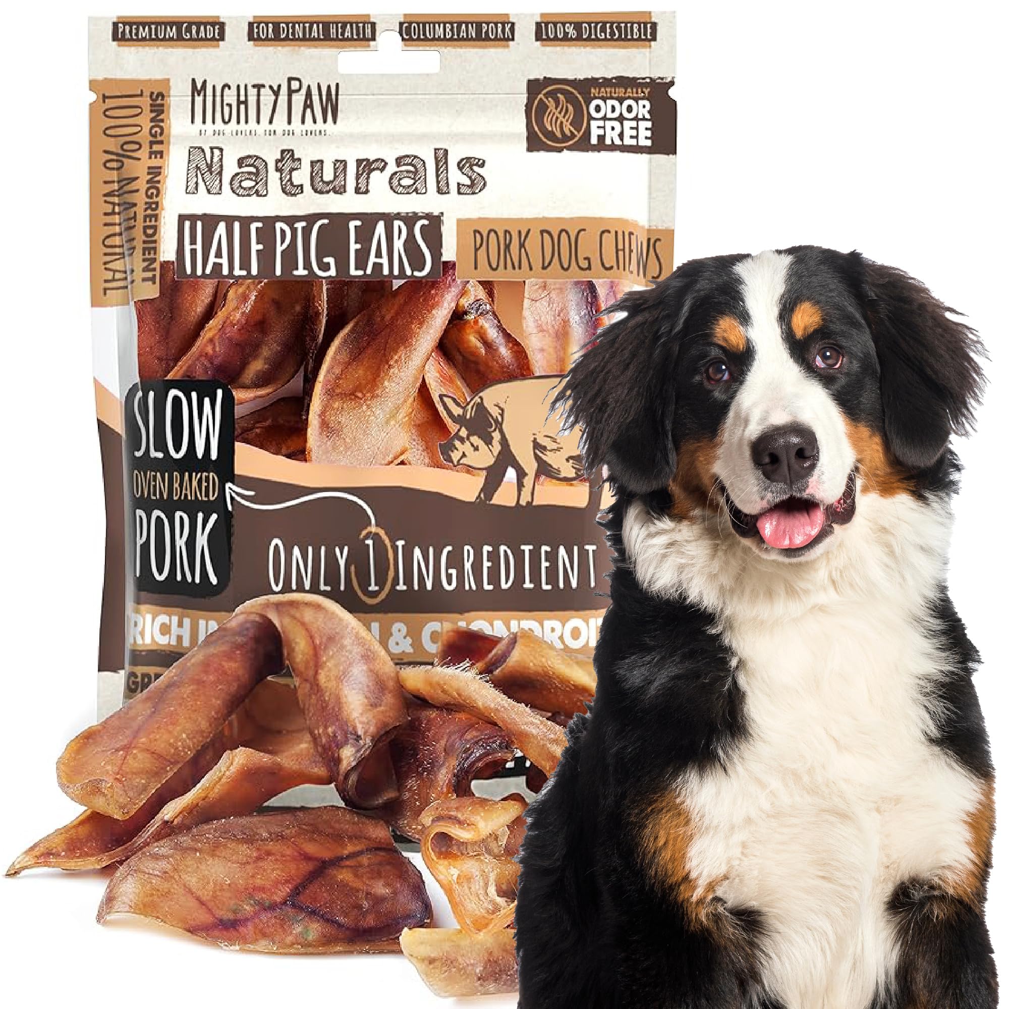 Mighty Paw half pig ears 12-pack packaging highlights USA-made single-ingredient dog treats for chewy, mess-free snacks.