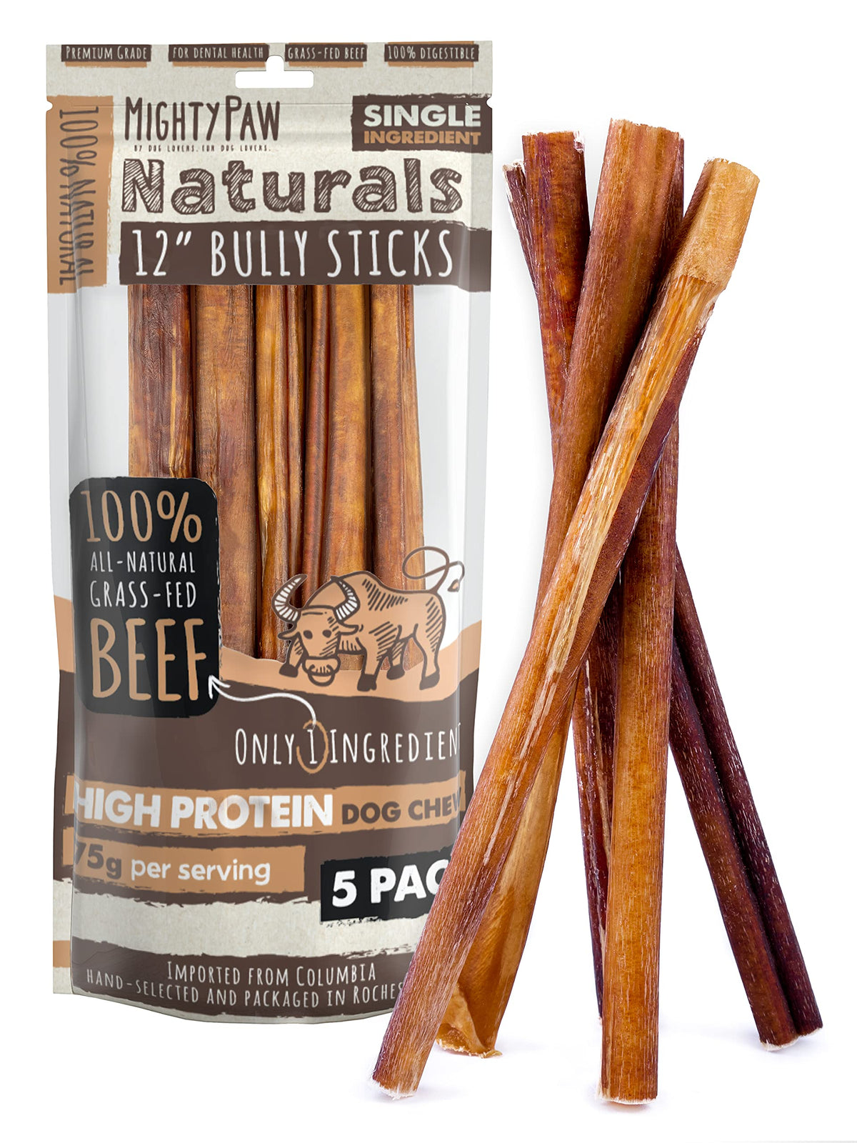 Mighty Paw long lasting 12-inch bully stick dog chew helps redirect chewing energy