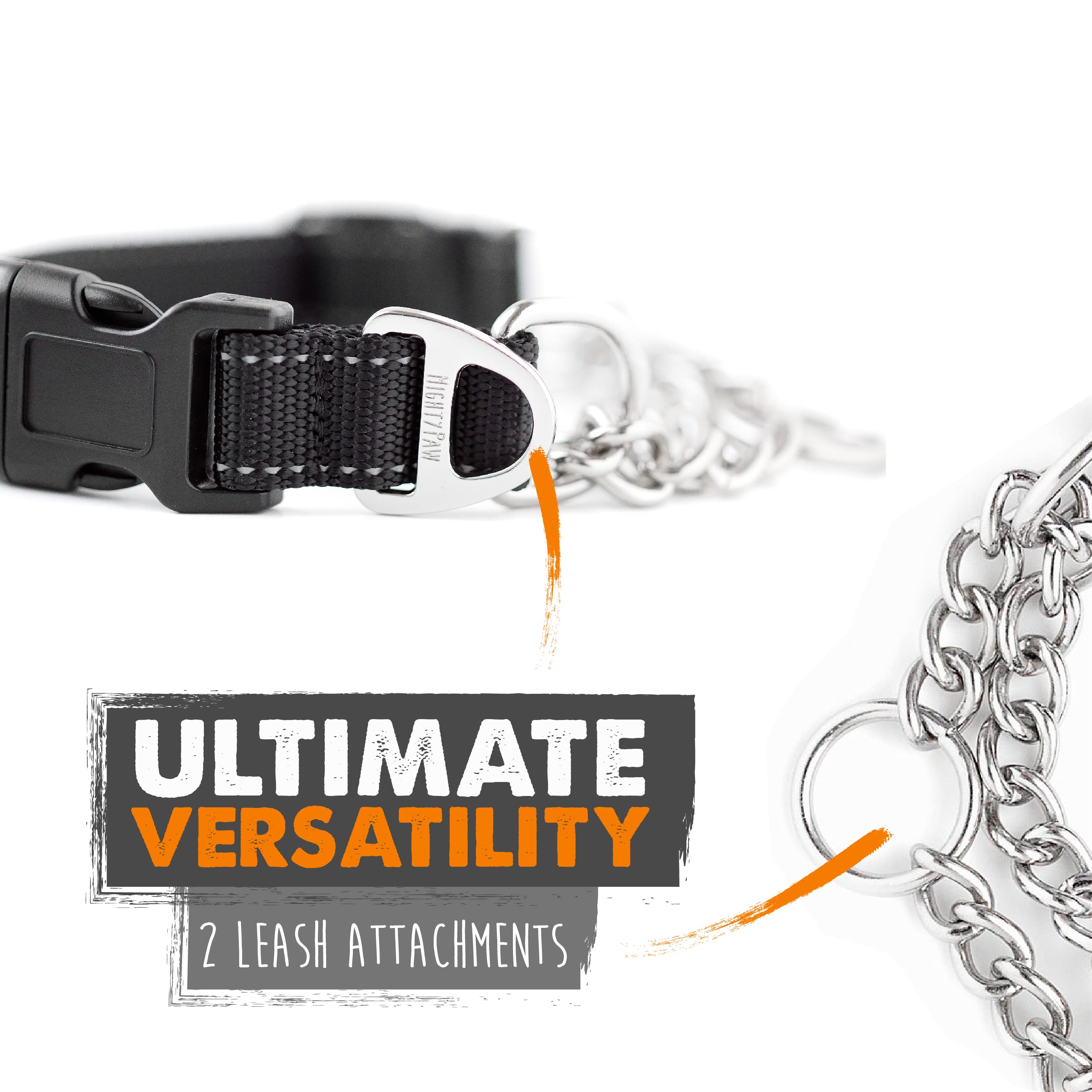 Mighty Paw martingale collar metal chain detail demonstrates audible cue under tension.