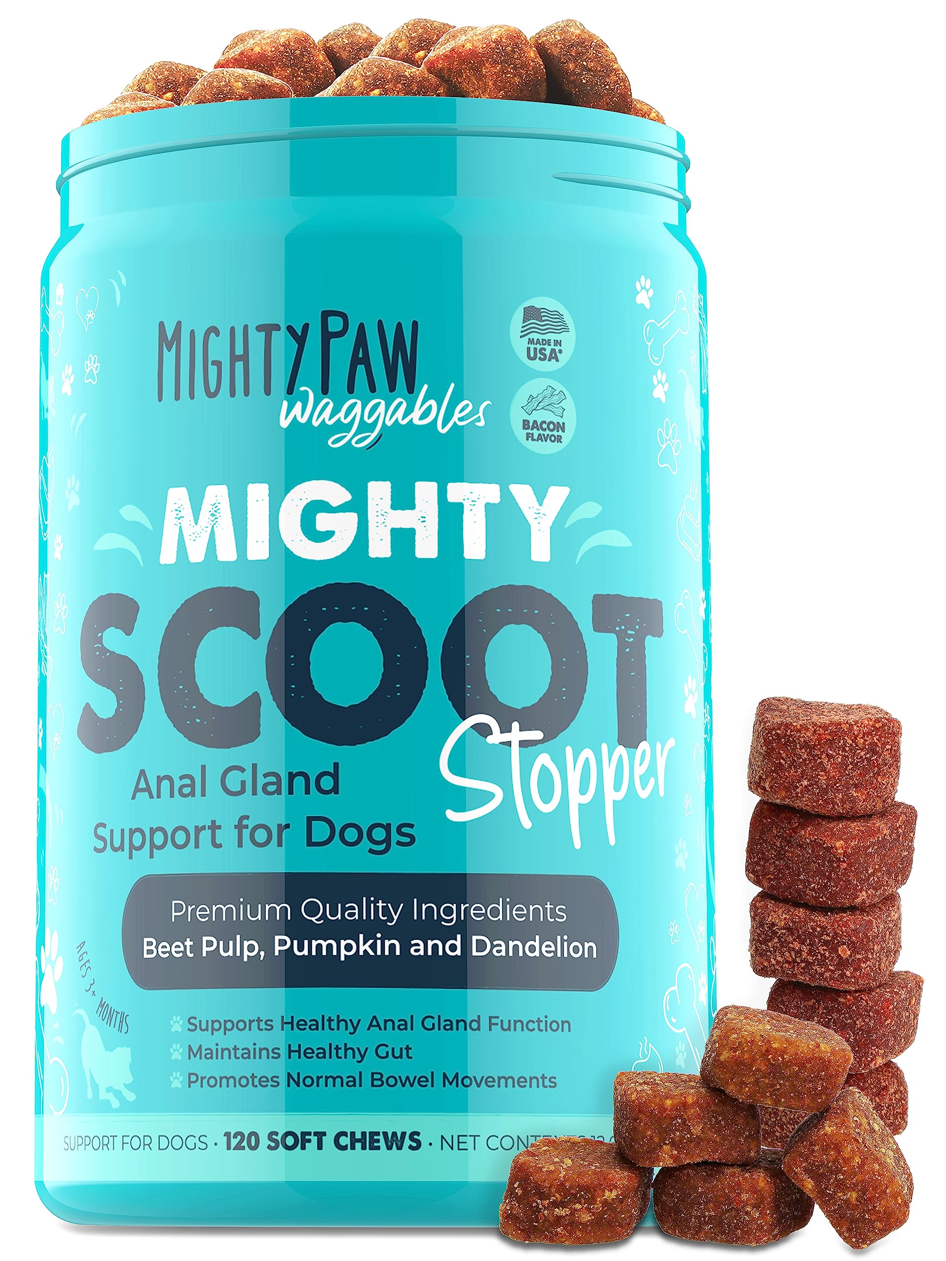 Mighty Paw Mighty Scoot bottle pour shows US-made digestive support for dogs