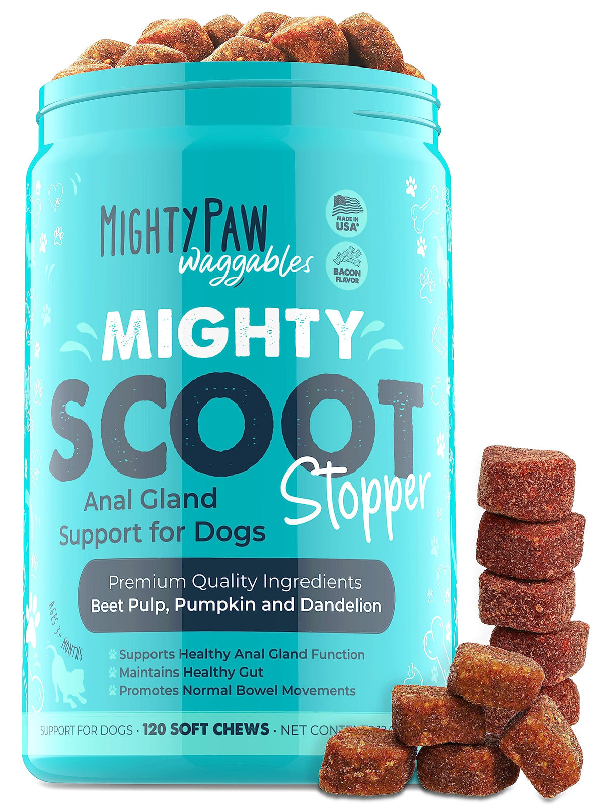 Mighty Paw Mighty Scoot bottle pour shows US-made digestive support for dogs