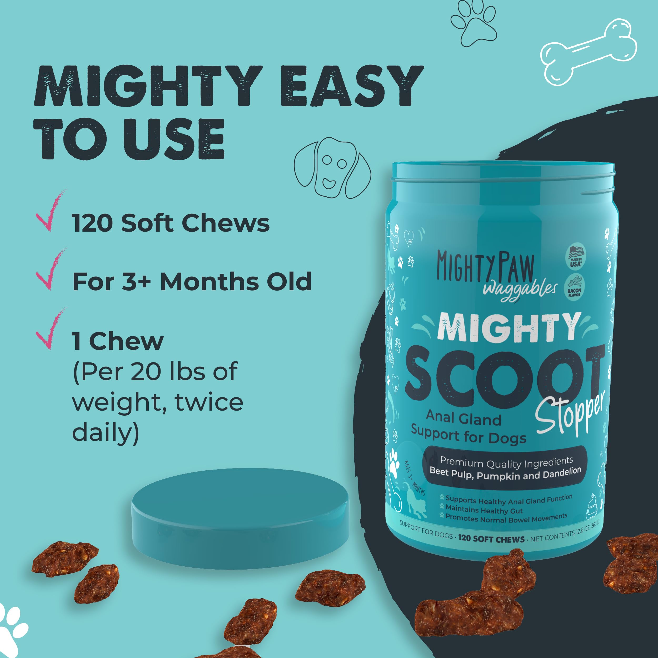 Mighty Paw Mighty Scoot pumpkin-infused fiber supports gentle digestion and anal health