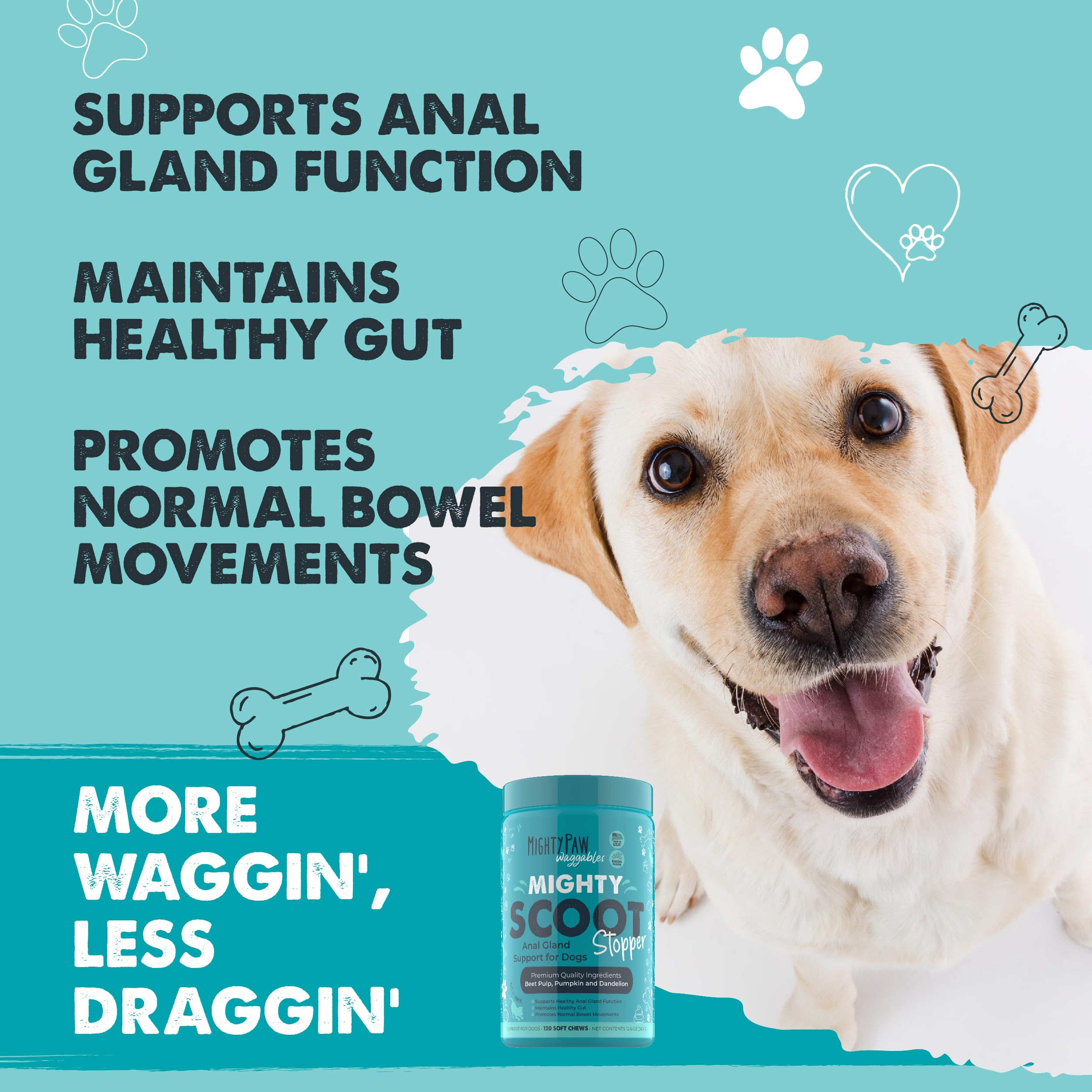 Mighty Paw Mighty Scoot soft-chews close-up highlight bacon flavor for easy administration