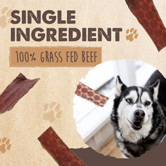 Mighty Paw Naturals beef gullet jerky strips closeup highlights chewy texture ideal for rewarding dogs