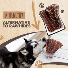 Mighty Paw Naturals beef gullet jerky texture closeup showcases lean, protein-rich chews