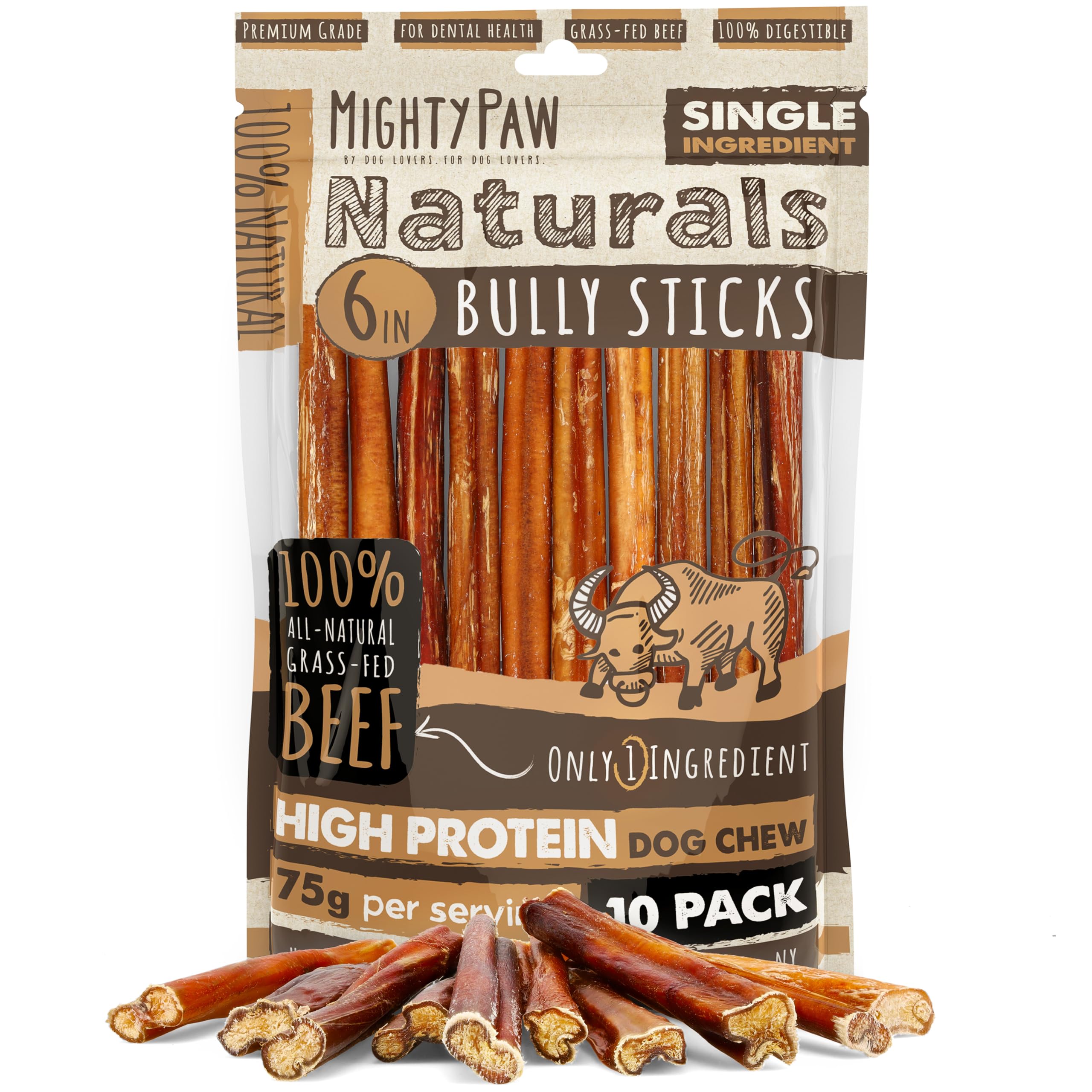 Mighty Paw Naturals bully sticks packaging 6-inch pack for long-lasting chew sessions