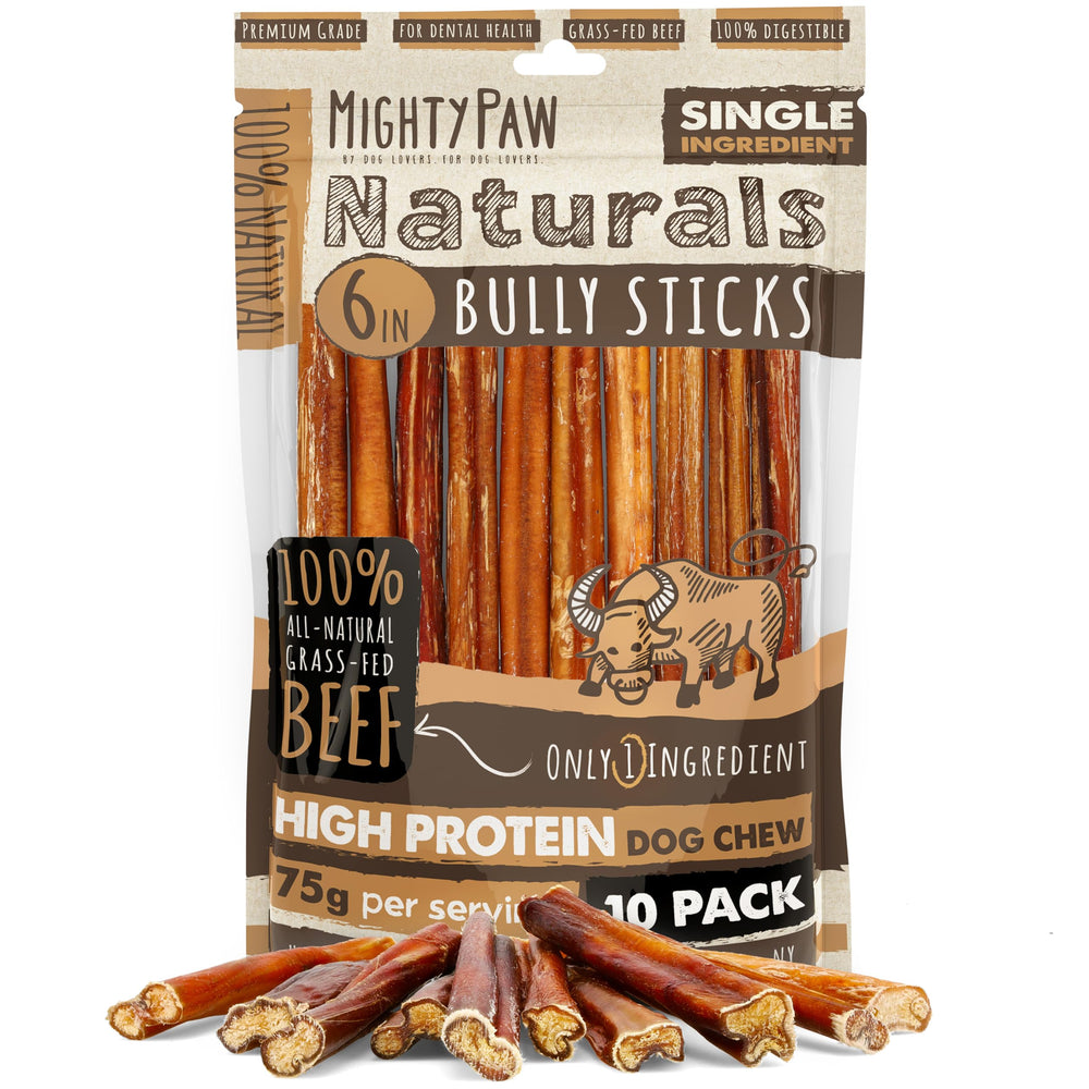 Mighty Paw Naturals bully sticks packaging 6-inch pack for long-lasting chew sessions