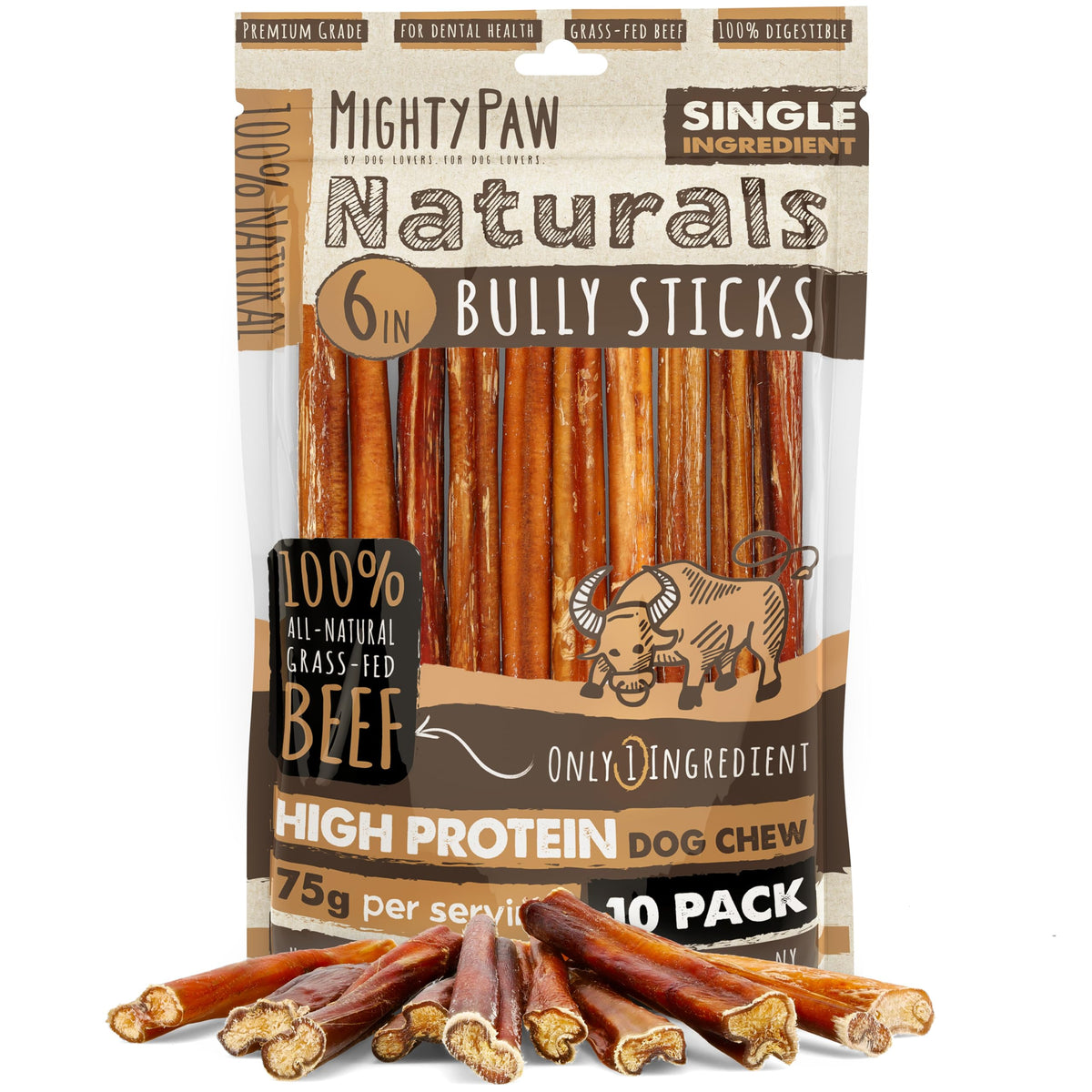 Mighty Paw Naturals bully sticks packaging 6-inch pack for long-lasting chew sessions